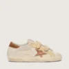 Zapatillas Old School para mujer en gamuza color perla con estrella de cuero rojo ladrillo y tira de rafia
