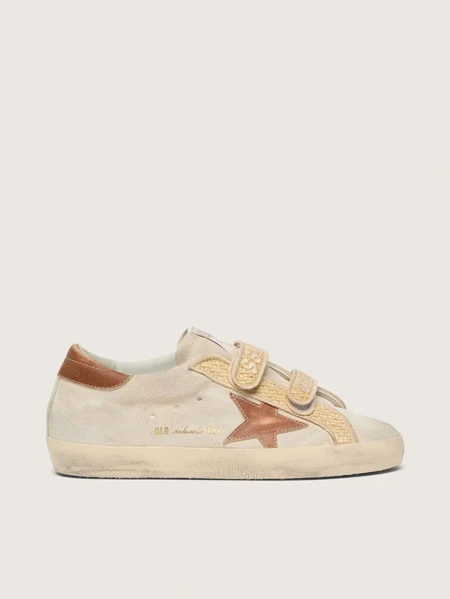 Zapatillas Old School para mujer en gamuza color perla con estrella de cuero rojo ladrillo y tira de rafia