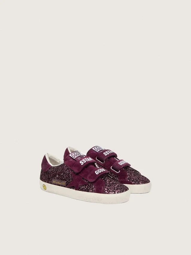 Zapatillas Old School para niños en color burdeos con purpurina, con estrella y lengüeta en el talón de gamuza burdeos