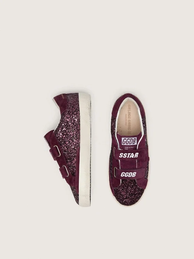 Zapatillas Old School para niños en color burdeos con purpurina, con estrella y lengüeta en el talón de gamuza burdeos
