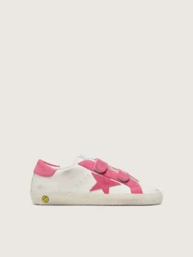 Zapatillas Old School para niños en cuero color crema con estrella y inserciones de gamuza rosa