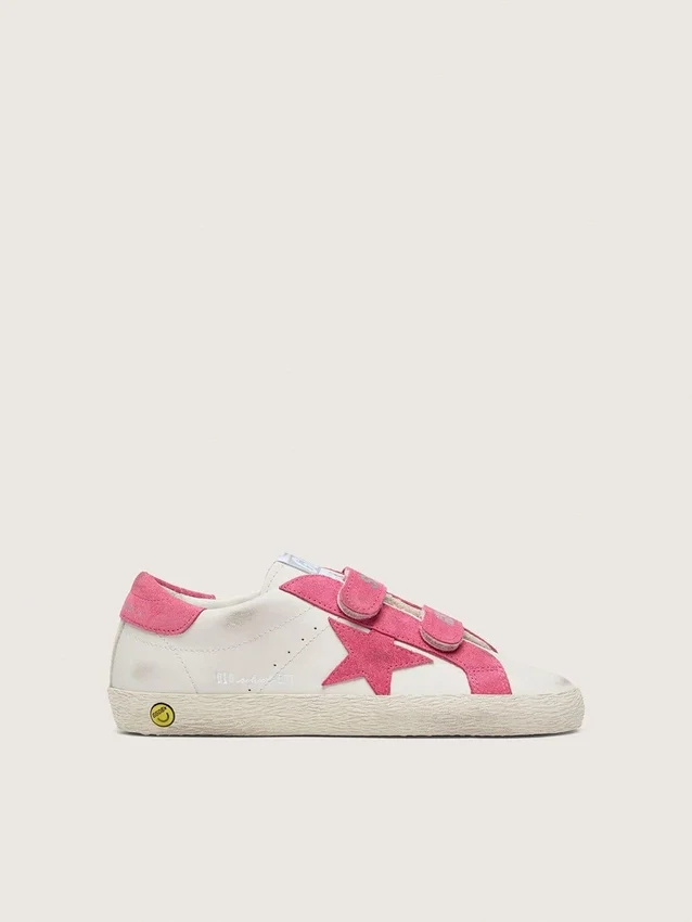 Zapatillas Old School para niños en cuero color crema con estrella y inserciones de gamuza rosa