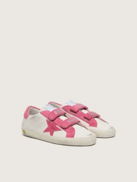 Zapatillas Old School para niños en cuero color crema con estrella y inserciones de gamuza rosa