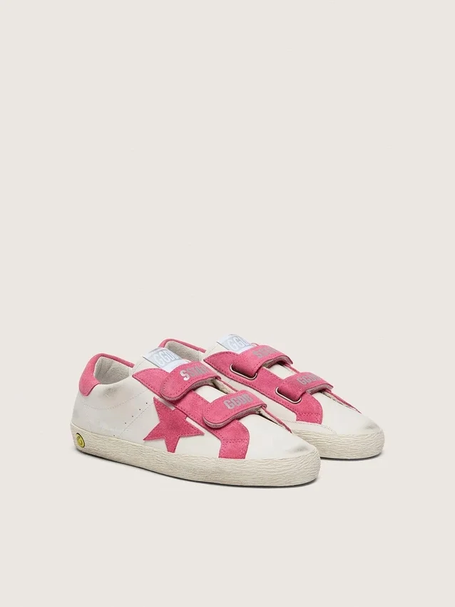 Zapatillas Old School para niños en cuero color crema con estrella y inserciones de gamuza rosa