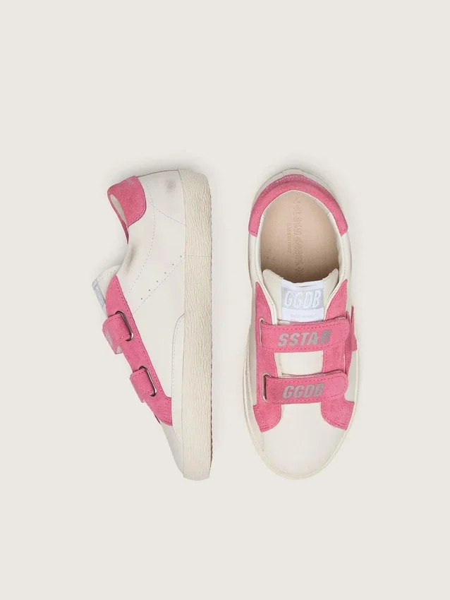 Zapatillas Old School para niños en cuero color crema con estrella y inserciones de gamuza rosa
