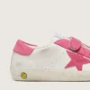 Zapatillas Old School para niños en cuero color crema con estrella y inserciones de gamuza rosa