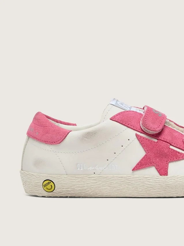 Zapatillas Old School para niños en cuero color crema con estrella y inserciones de gamuza rosa