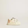 Zapatillas para bebé en piel napa con motivo de rosas rosas y estrella de gamuza blanca