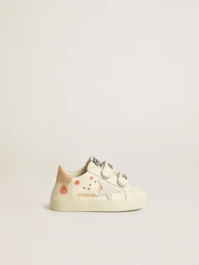 Zapatillas para bebé en piel napa con motivo de rosas rosas y estrella de gamuza blanca