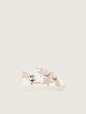 Zapatillas para bebés en napa con estrella de gamuza rosa y estampado de mascotas