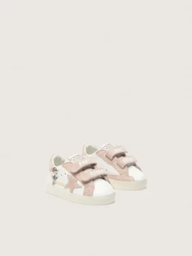 Zapatillas para bebés en napa con estrella de gamuza rosa y estampado de mascotas