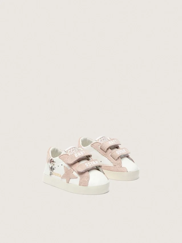Zapatillas para bebés en napa con estrella de gamuza rosa y estampado de mascotas