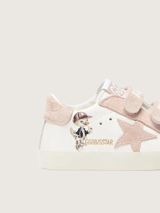 Zapatillas para bebés en napa con estrella de gamuza rosa y estampado de mascotas