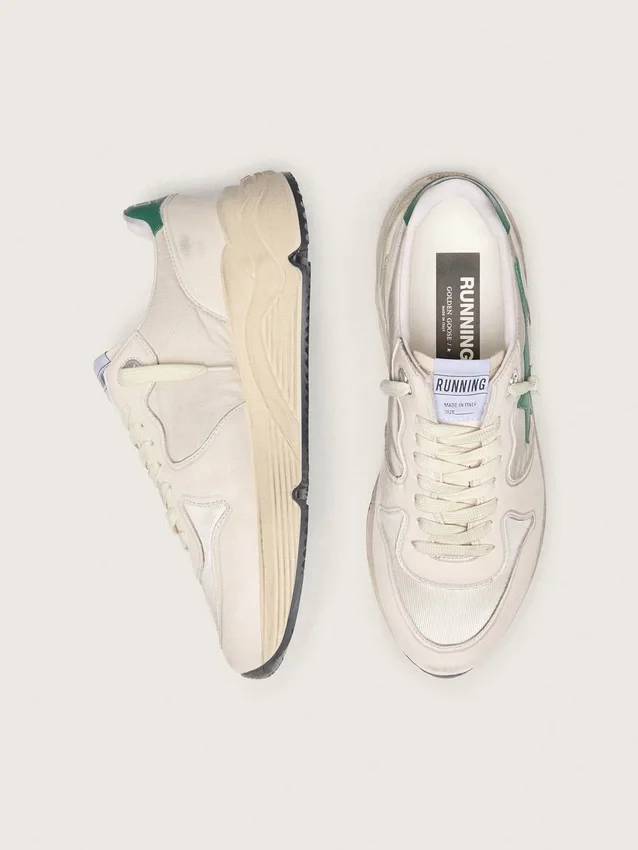 Zapatillas Running Sole para hombre en nylon color crema y cuero con estrella de cuero verde