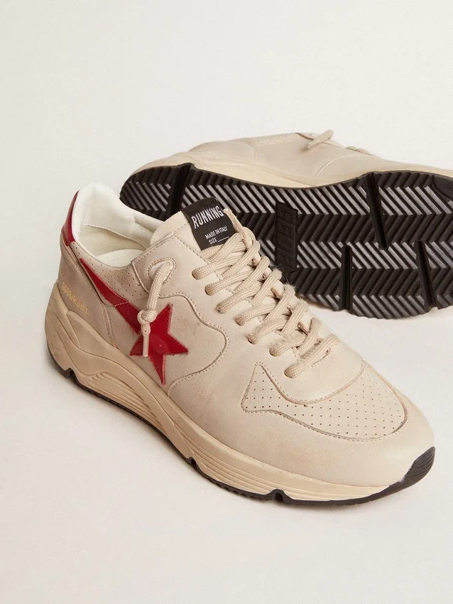 Zapatillas Running Sole para hombre en piel napa gris «morn» con estrella y lengüeta del talón de piel napa roja