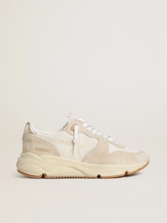 Zapatillas Running Sole para mujer en lona con estrella beige y lengüeta en el talón de cuero metalizado platino