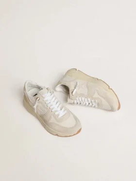 Zapatillas Running Sole para mujer en lona con estrella beige y lengüeta en el talón de cuero metalizado platino