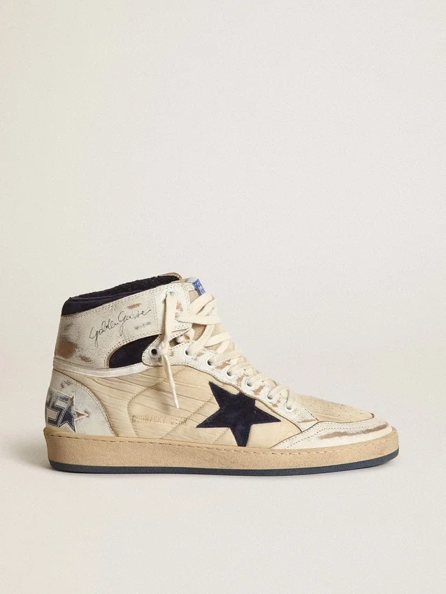 Zapatillas Sky-Star para hombre en nylon y cuero color crema con estrella de gamuza azul