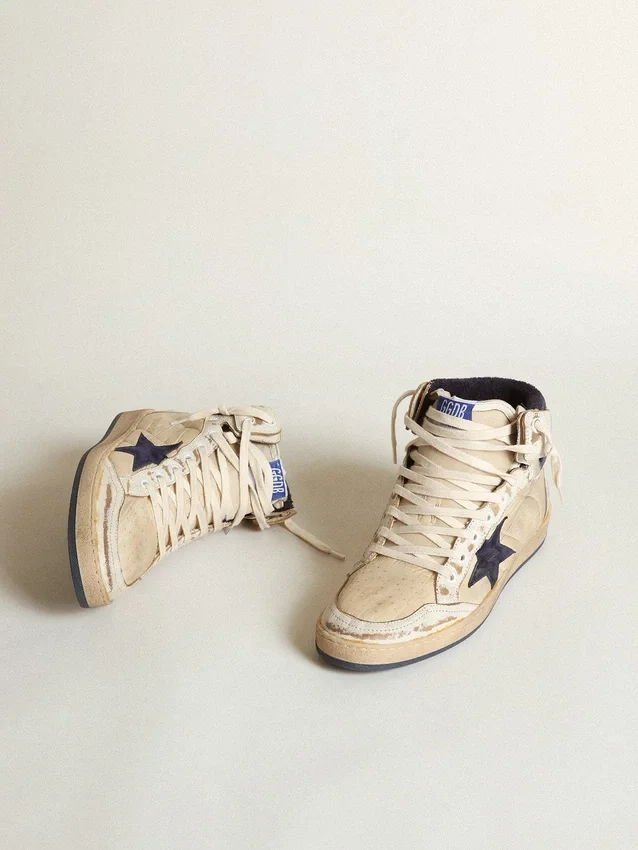 Zapatillas Sky-Star para hombre en nylon y cuero color crema con estrella de gamuza azul