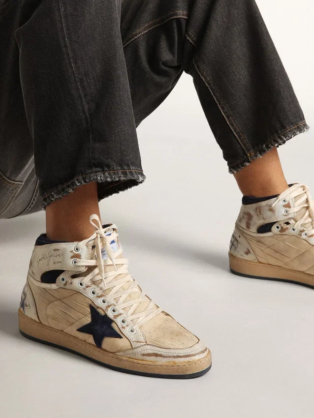 Zapatillas Sky-Star para hombre en nylon y cuero color crema con estrella de gamuza azul