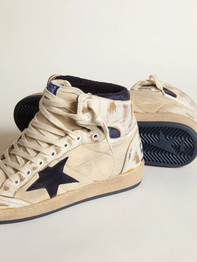 Zapatillas Sky-Star para hombre en nylon y cuero color crema con estrella de gamuza azul