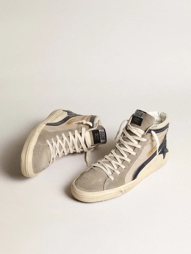 Zapatillas Slide de malla beige y nailon con estrella de cuero azul y detalle brillante