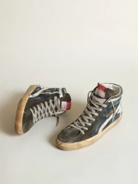 Zapatillas Slide de mezclilla azul medianoche con estrella de cuero blanco