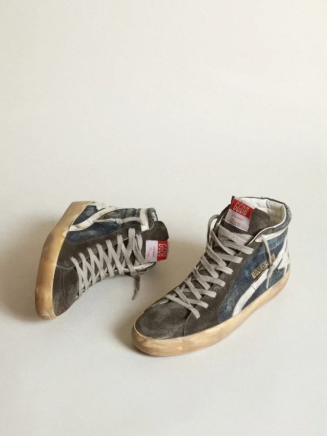 Zapatillas Slide de mezclilla azul medianoche con estrella de cuero blanco