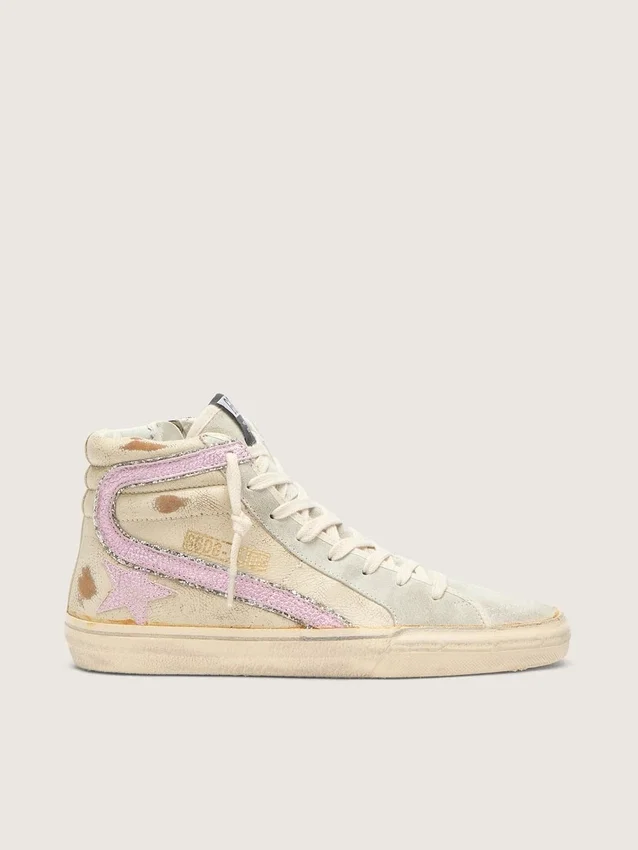 Zapatillas Slide en beige con estrella y detalle brillante de cuero rosa metalizado