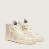 Zapatillas Slide en beige con estrella y detalle brillante de cuero rosa metalizado