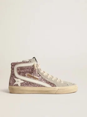 Zapatillas Slide en color lila con purpurina, estrella de cuero blanco y detalles brillantes
