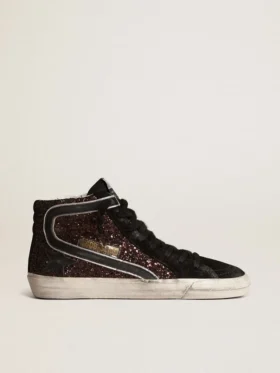 Zapatillas Slide en marrón con purpurina, estrella de cuero negro y detalles brillantes