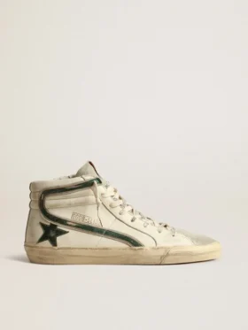 Zapatillas Slide en napa beige con estrella y rayo de cuero laminado verde