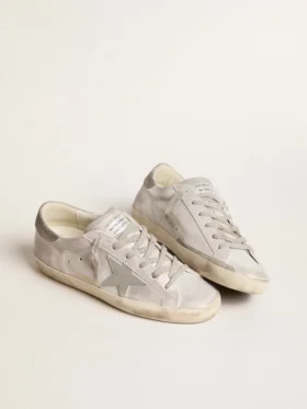 Zapatillas Super-Star en cuero gris-blanco con efecto brillante y estrella de cuero