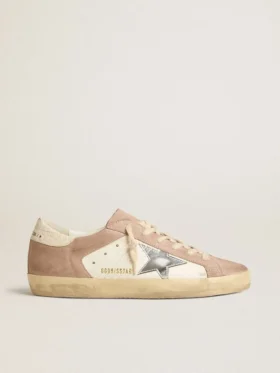 Zapatillas Super-Star para mujer en gamuza rosa con estrella de cuero metalizado plateado