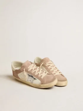 Zapatillas Super-Star para mujer en gamuza rosa con estrella de cuero metalizado plateado