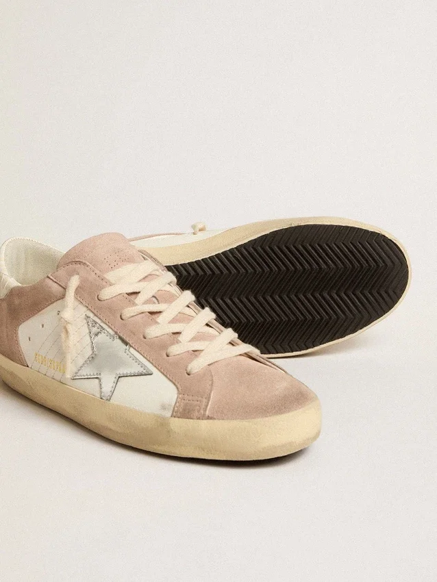 Zapatillas Super-Star para mujer en gamuza rosa con estrella de cuero metalizado plateado
