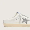 Zapatillas Super-Star Sabot con una estrella de purpurina platino y lengüeta de gamuza