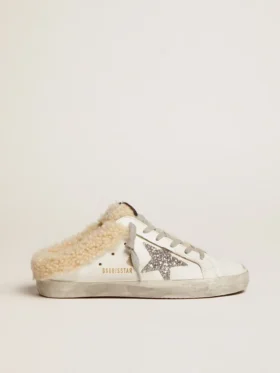 Zapatillas Super-Star Sabot para mujer en cuero blanco y forro de piel de oveja