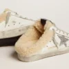 Zapatillas Super-Star Sabot para mujer en cuero blanco y forro de piel de oveja