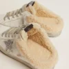 Zapatillas Super-Star Sabot para mujer en cuero blanco y forro de piel de oveja