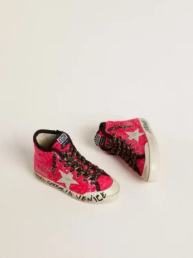 Zapatillas Young Francy con lentejuelas, estrella de gamuza gris hielo y cordones con estampado animal