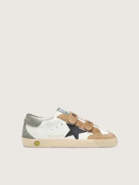 Zapatillas Young Old School con estrella de cuero negro e inserciones de gamuza beige y verde