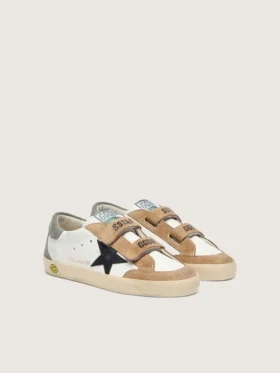 Zapatillas Young Old School con estrella de cuero negro e inserciones de gamuza beige y verde