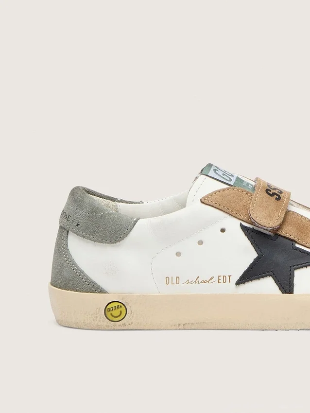 Zapatillas Young Old School con estrella de cuero negro e inserciones de gamuza beige y verde