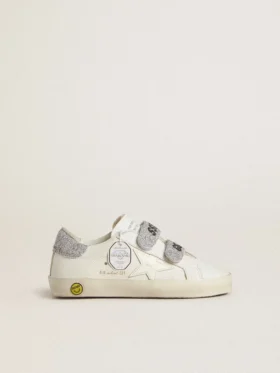 Zapatillas Young Old School en cuero blanco con lengüeta en el talón y tiras con cristales Swarovski plateados