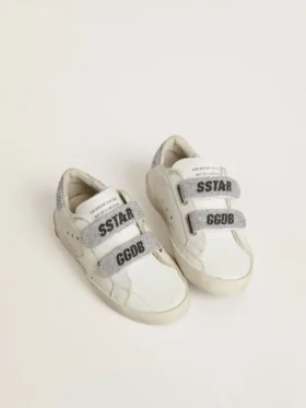 Zapatillas Young Old School en cuero blanco con lengüeta en el talón y tiras con cristales Swarovski plateados