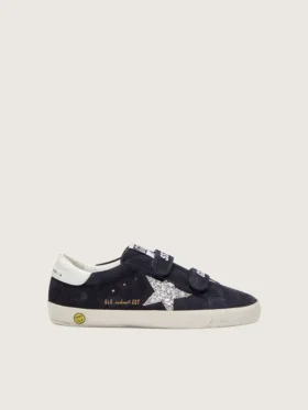 Zapatillas Young Old School en gamuza azul con estrella plateada con purpurina y lengüeta de cuero blanco en el talón