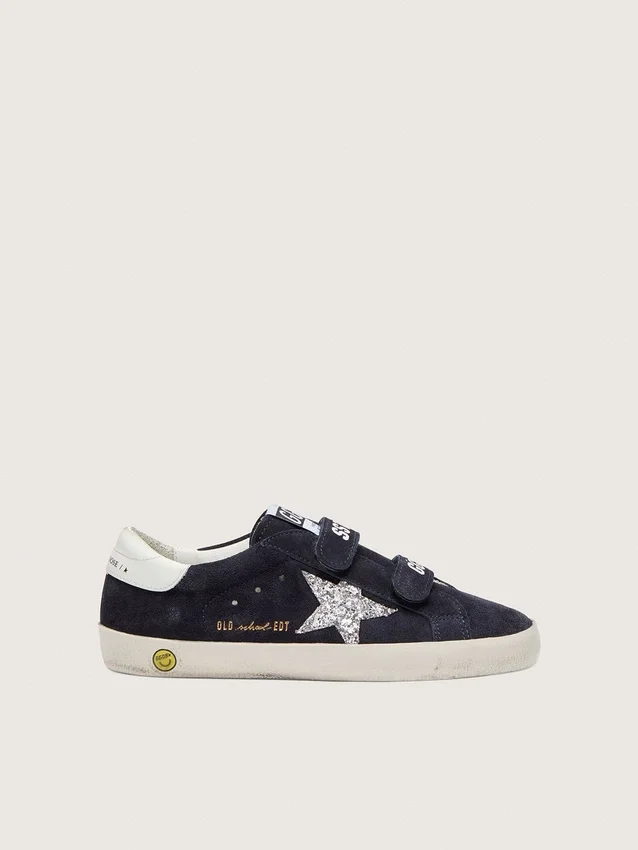 Zapatillas Young Old School en gamuza azul con estrella plateada con purpurina y lengüeta de cuero blanco en el talón