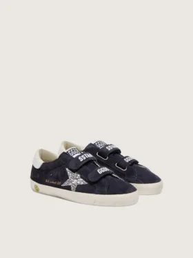 Zapatillas Young Old School en gamuza azul con estrella plateada con purpurina y lengüeta de cuero blanco en el talón